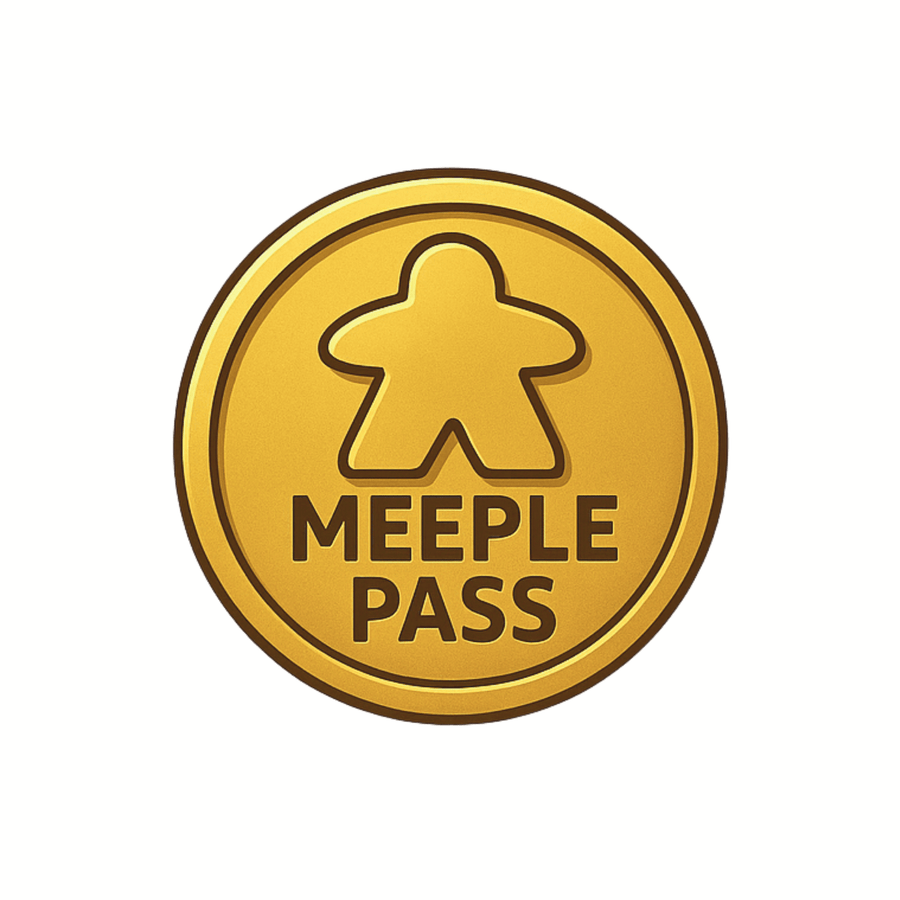 Gold coin with Meeple Pass logo on a white background
