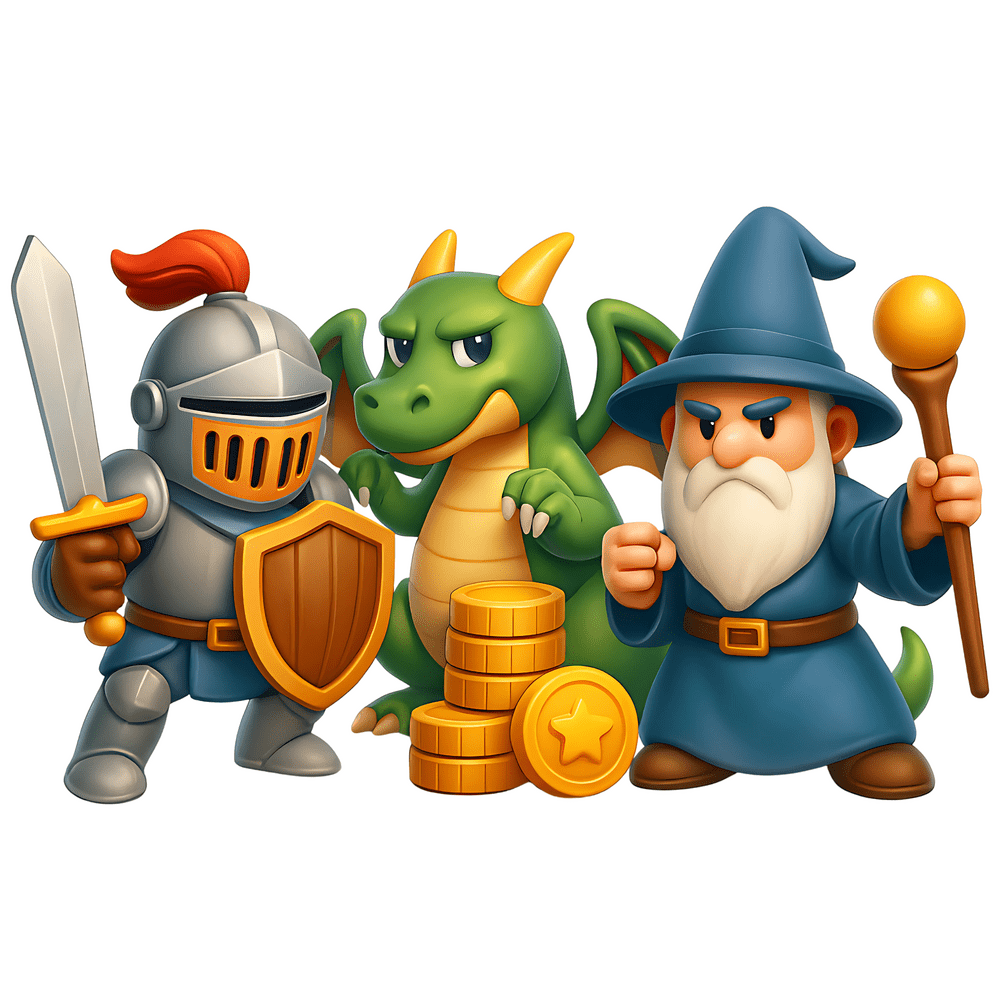 EasyMeeple refundable deposit illustration with a knight, dragon, wizard, and gold coins on a white background